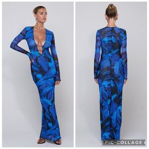RESA Esmee In Lagoon Blue & Black Plunging Long-Sleeve Maxi Dress Size Large